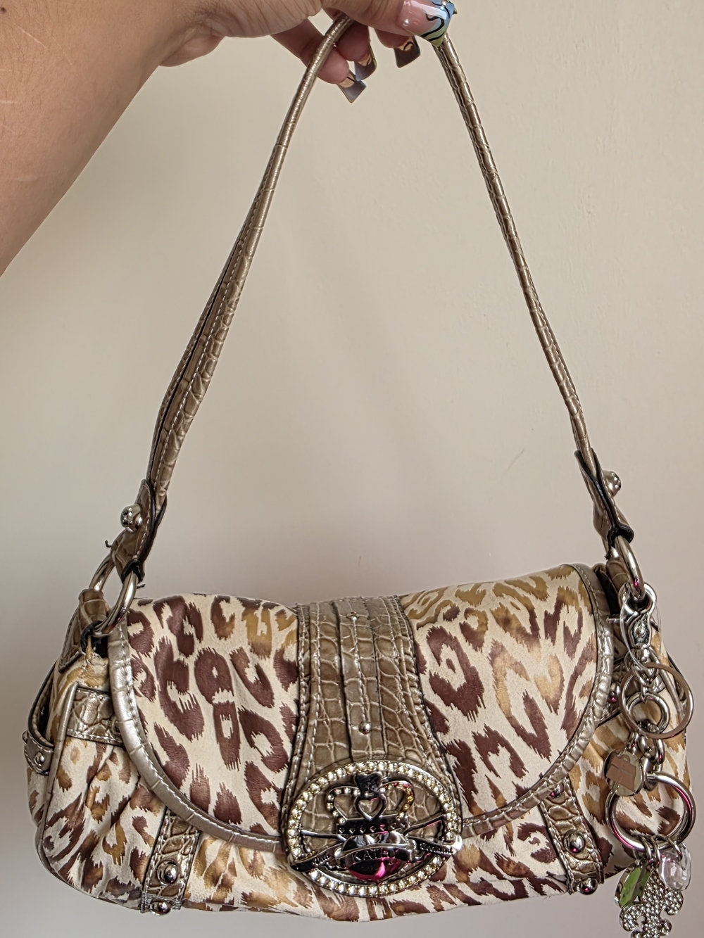 Y2k Vintage Kathy Van Zeeland Leopard Print Shoulder Bag with Charms